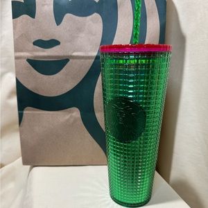 NWT Starbucks '23 Tumbler Iridescent Grid Green with Red/Pink Lid Venti (Large)